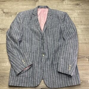 Allen Flusser Blazer Mens XL Blue Striped Linen Classic Fit Sport Coat Jacket